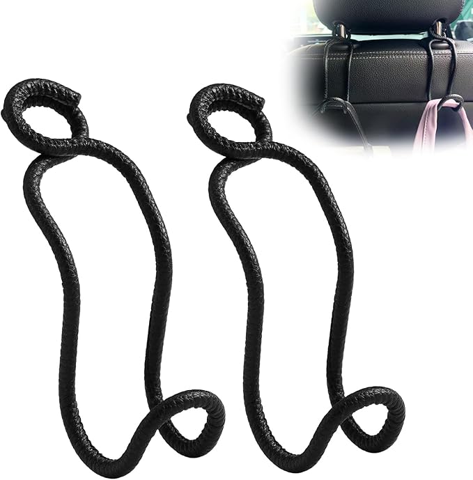 Idefair Car Hooks for Headrest - 2 Pack Car Bag Holder with Lock Loop, Coating Leather Scratch-Free Auto Purse Hanger, Car Seat Back Storage Gadgets Accessories for Jeep SUV Truck - Black Leather/2S