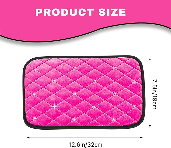Bling Car Center Console Cover, Soft Fluffy Armrest Seat Box Cushion Pad, Crystal Diamond Arm Rest Protection Mat, Automotive Interior Decoration Accessories for Most Vehicles (Pink)