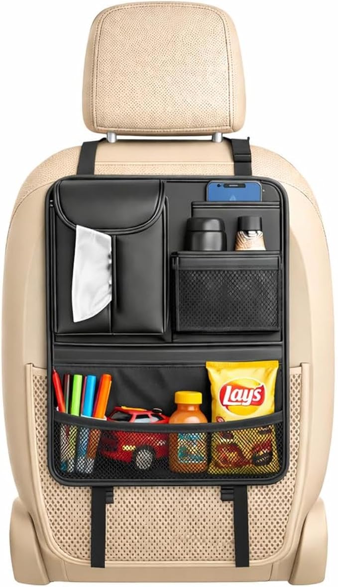 Backseat Car Organizer for Kids, Seat Organizer with 5 Storage Pockets for Travel, Black, Durable & Water-Resistant, Easy Install for Car SUV