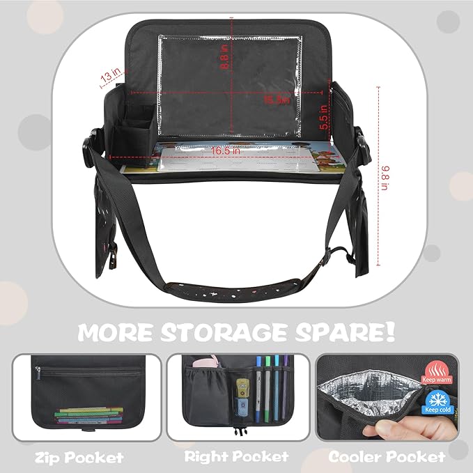 MENZOKE Kids Travel Tray, Road Trip Activities for Kids with Dry Erase Board & Cooler Cup Holder, Toddler Car Activities with No-Drop iPad Holder Stand, Roadtrip Essentials for Toddlers, Black