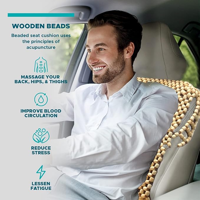 VaygWay Beaded Seat Cushion Car Driver Seat Cover with Durable & Double Strung Natural Wood Beads- Cooling Comfort Ventilated Massaging Support Cushion for Cars, Trucks & Office Chairs