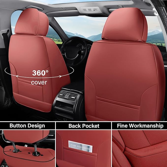 Coverado Universal Seat Covers Full Set, Universal Seat Covers for Cars, 5 Seats Waterproof Nappa Leather Car Seat Covers with Head Pillow, Auto Protectors Fit for Most Sedans SUV Pick-up Truck-Red
