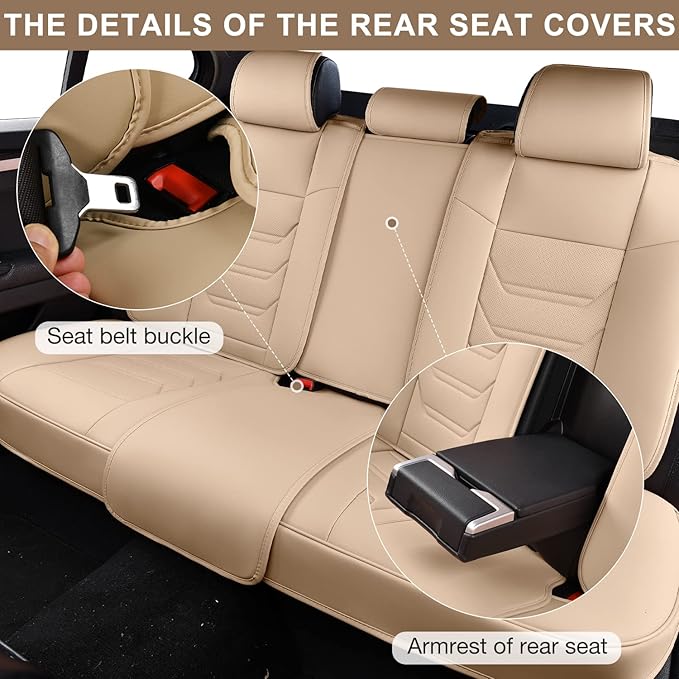 Beige Car Seat Covers Front Pair, Breathable Leather Automotive Front Seat Covers & Headrest for Comfortable Driving, Compatible with Most Cars Sedans SUV Pickup Trucks