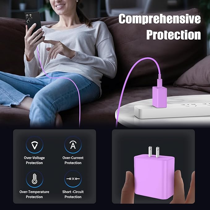 3Pack USB C Charger for Samsung Galaxy S24 Ultra, Super Quite Fast Charging Type C Block with 6FT C to C Cord for Samsung Galaxy Tab S9 S8 S23 Ultra S22 Ultra S23 S22 S21 Note 10 Plus 20,Purple