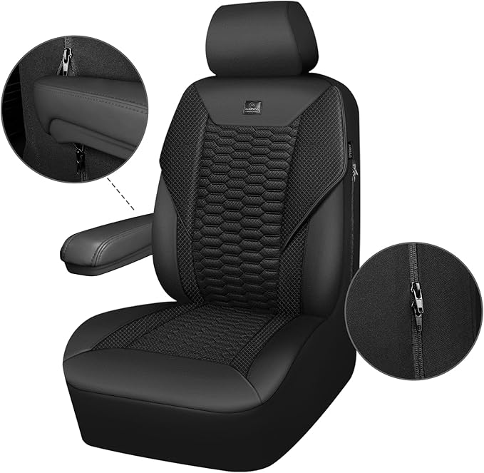CAR PASS 3D Foam Mesh Leather Car Seat Covers Front Seats, Leather Mesh Front Seat Covers for Car,Breathable Universal Fit for SUV Truck Sedan Van Automotive, Armrest Airbag Compatible,Black