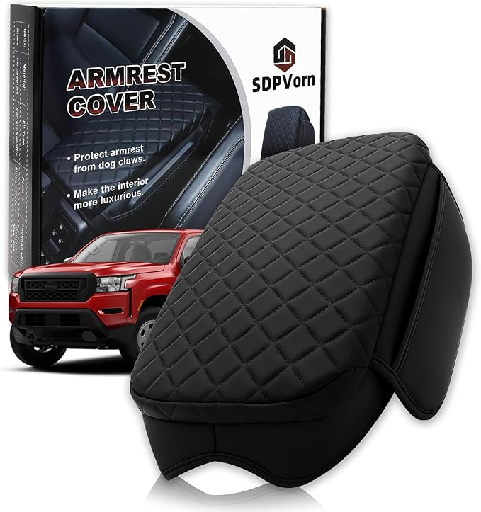 Armrest Cover for Nissan Frontier 2022-2025 Center Console Pad with Organizer Storage Pockets, Black Faux Leather Arm Rest Lid Protector Cushion D41 Interior Accessories