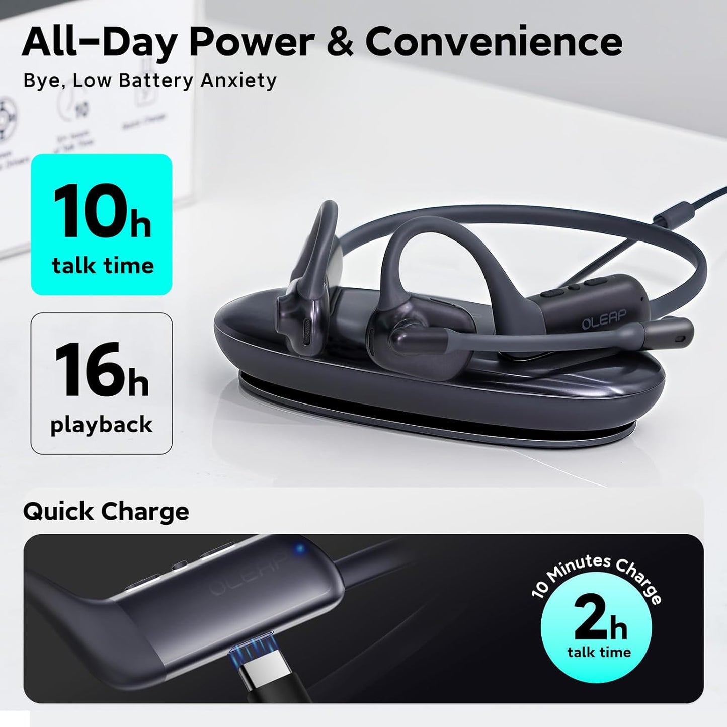 Pilot P200b Pro Wireless Headset with Mic for Work,50dB AI Noise Cancelling Microphone Headphones for Call,Bluetooth 5.3 Open Ear Headphones with USB-C for Mobile Office,Meetings,PC & Phone