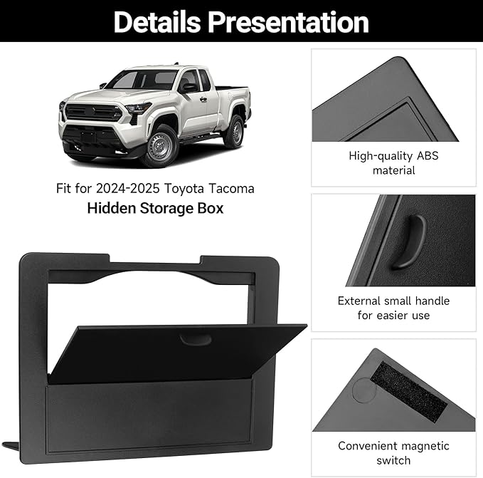 YOJOJOCO Center Console Hidden Box Organizer Compatible with Toyota Tacoma 2024 2025 2026 Accessories Black ABS Plastic Material Secret Compartment