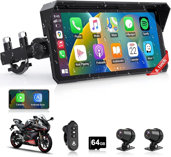 8.1" 4K Motorcycle CarPlay Screen w 4K Dash Cam Wireless Carplay Android Auto Screen for Motorcycle with GPS Navigation Voice Control WiFi Video Dual Bluetooth IPX7 Waterproof TF-64G Wired Control