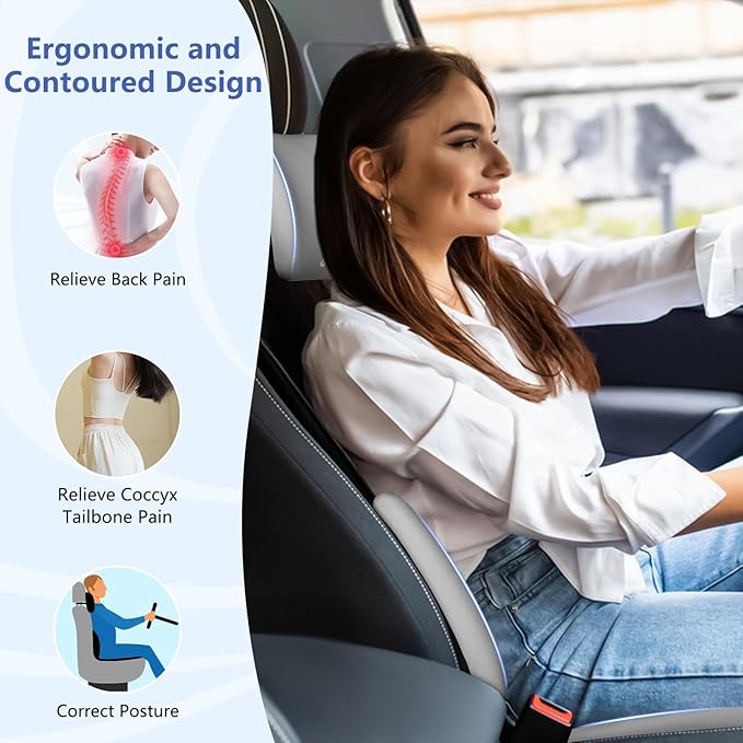 Car Seat Cushion with Neck Pillow & Lumbar Support Back Sciatica Tailbone Pain Relief Car Pillows Ergonomic Memory Foam Back Support for Driving Seat Office Chair Wheelchair 3 Pcs Grey