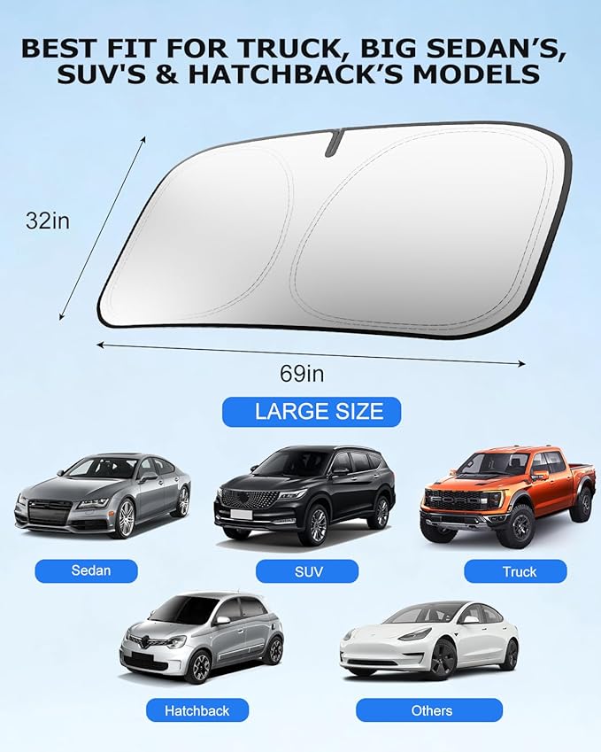 DMJN Windshield Sun Shade - Large, Car Sunshade for Front Windshield [100% Efficient Block UV & Scorching Sun] UPF50+ Heat Block - Protect Interior & Keep Cooler