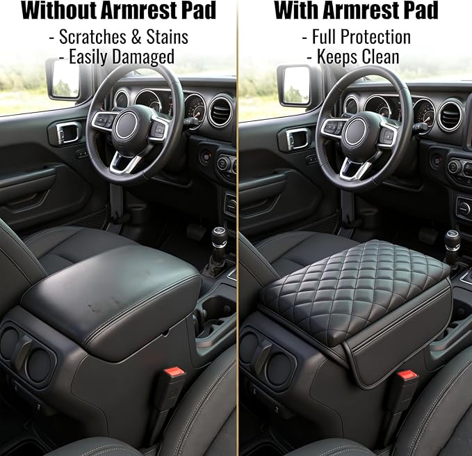 Center Console Cover with Pocket for Jeep Wrangler JL 2018-2025 Armrest Cover Leather Arm Rest Pad with Pockets Middle Console Lid for Wrangler JL JLU&Gladiator JT2018-2025 Accessories（Black）