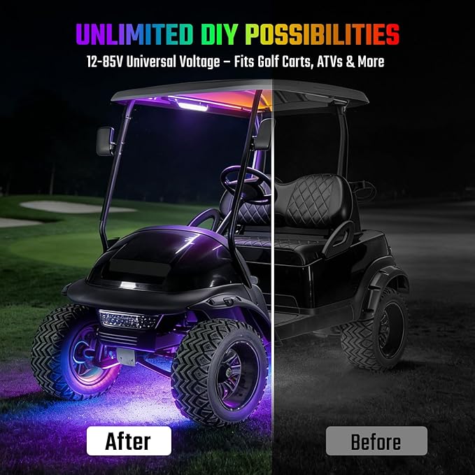 6PCS Golf Cart Underglow LED Light Kit, 28 Modes Full-Body Neon Glow, 12-85V, Music Sync, Wireless Remote, Waterproof Strips, Fits EZGO, Club Car, Yamaha Golf Carts, 6 Pack