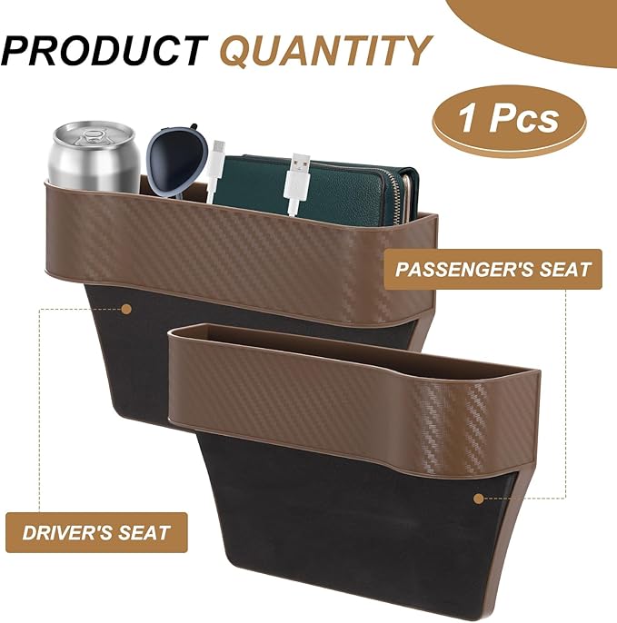 HARFINGTON Car Seat Gap Filler Organizer 10.2 x 6.5 x 2.8 Inch PP Universal Car Organizer Storage Box Between Seat and Console (Left) with Cup Holders for Phone Sunglasses Keys, Brown