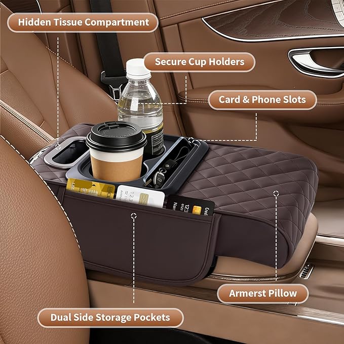 5-in-1 Car Armrest Cushion with Storage, Memory Foam Center Console Organizer W/Cup Holders, Tissue Holder & Phone Slot, Leather Car Armrest Cover Pad, Universal for Cars SUVs Trucks, Brown