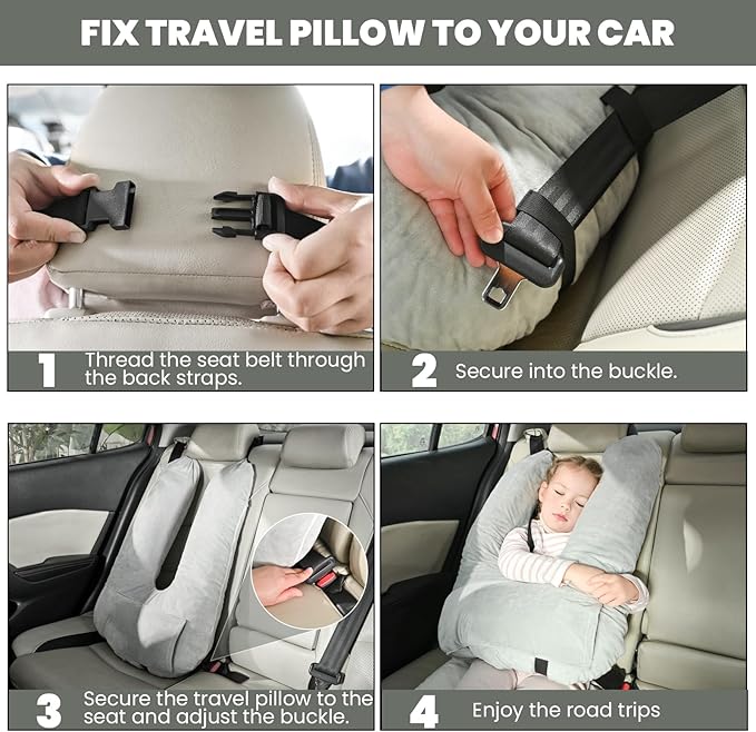 Travel Pillow, Car Pillow for Kids & Adults, Kid Travel Sleeping Pillows for Neck & Body Support, Car Travel Essentials Pillow on Road Trips, Gray