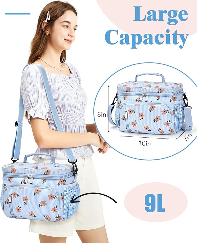 Insulated Lunch Bag for Men & Women, 9L Leakproof Lunch Box Soft Cooler Tote with 5 Pockets, 600D Oxford, EVA Lining, Adjustable Strap for Work, Picnic, Beach&Travel-Corduroy Pink Flower
