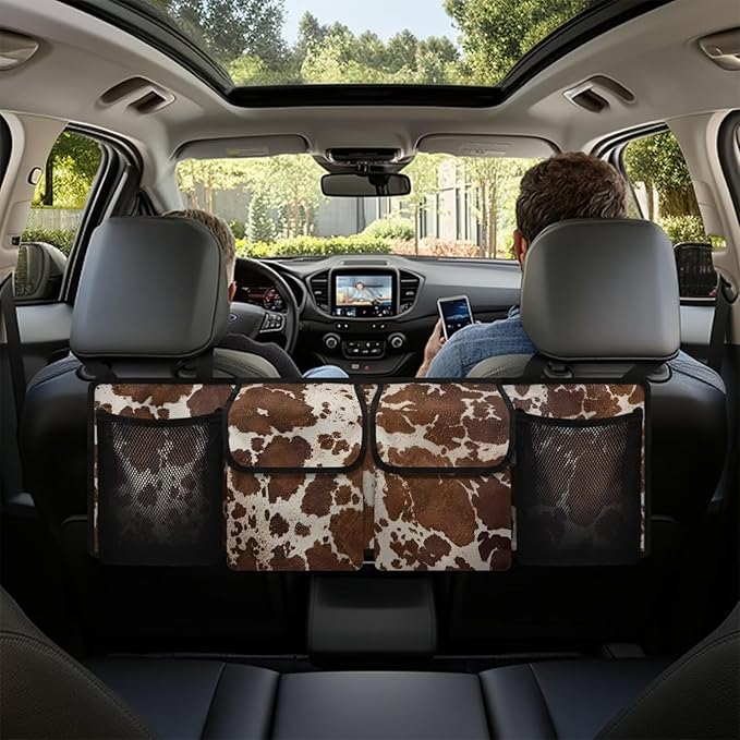 Brown Cow Print Car Trunk Organizer with 4 Storage Bags Hanging Waterproof Car Back Seat Organizer for SUV,Truck,Van Collapsible Cargo Bag