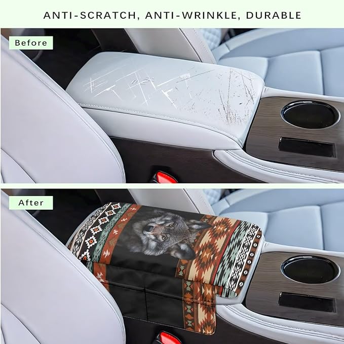 Wanyint Aztec Wolf Black Car Center Console Cover Scratch Resistant Armrest Seat Box Cover with Organizer Pockets Console Lid Protector Cushion Fit for Most Cars Vehicles SUVs