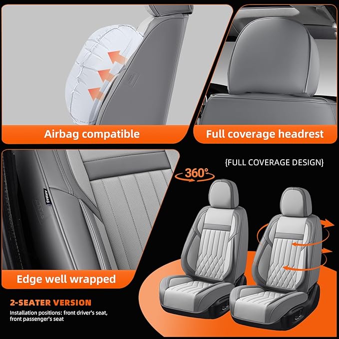 KEYOOG Universal 2-Seater Waterproof Breathable Nappa Leather Car Seat Covers Full Set, Compatible with Toyota Corolla Camry, Lexus LS400, Nissan Murano Rogue, Fit Front Seats Most Sedans SUV- Gray