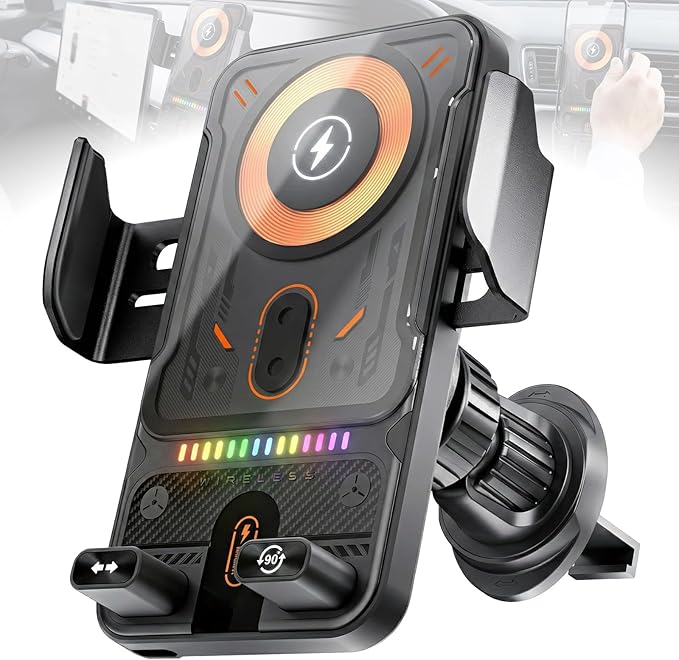 Motorized 90-Degree Rotating Wireless Car Charger Mount with Auto Clamping, 15W Fast Wireless Charging Air Vent Phone Holder for Most Smartphones (Black)