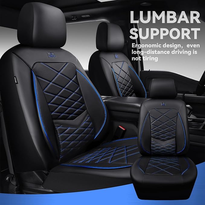 CAR PASS Luxury Nappa Leather Seat Covers Front, Water Resistant 3D Memory Foam Car Seat Covers with Lumbar Support,Thick Seat Cover Airbag Compatible Universal Fit for Sedan SUV Van Truck, Black Blue