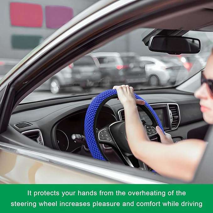 Elastic Steering Wheel Cover, 15"×15" Breathable Ice Silk Steering Wheel Protector, Universal Auto Wheel Wrap Anti-Slip Soft Cover for Ultimate Comfort, Car Accessories (Blue)