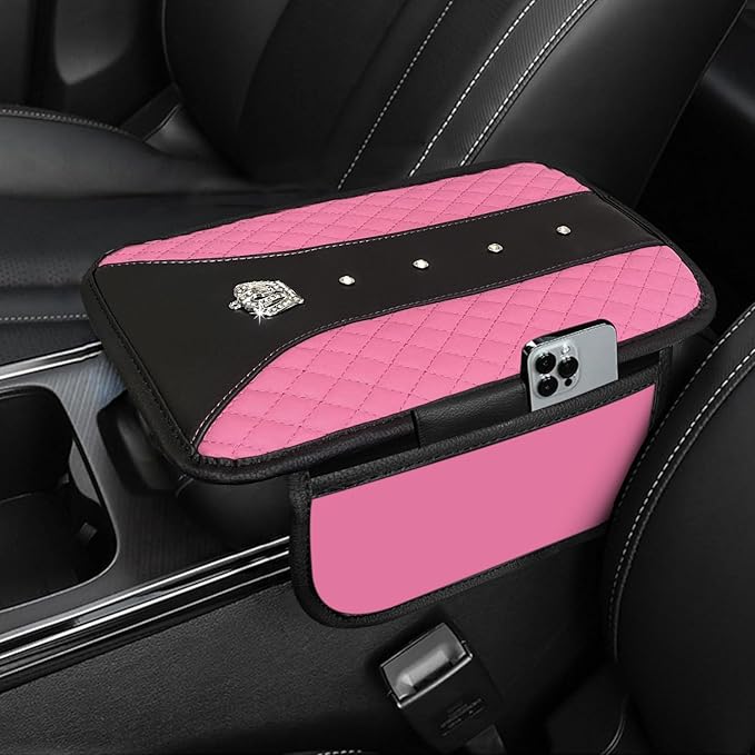 NBTEPEM Bling Crown Car Center Console Armrest Cover, Leather Middle Console Cover Cushion with 2 Storage Bags, Car Armrest Storage Box Interior Accessories for Most Vehicles(Pink)