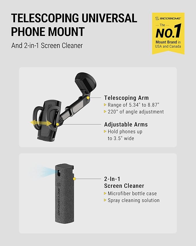 Scosche Phone Mount for Car, Universal Hands Free Windshield/Dashboard, Suction Cup Cell Phone Holder with 360° Rotation, Includes Screen Cleaner, Stand Compatible with iPhone and Android