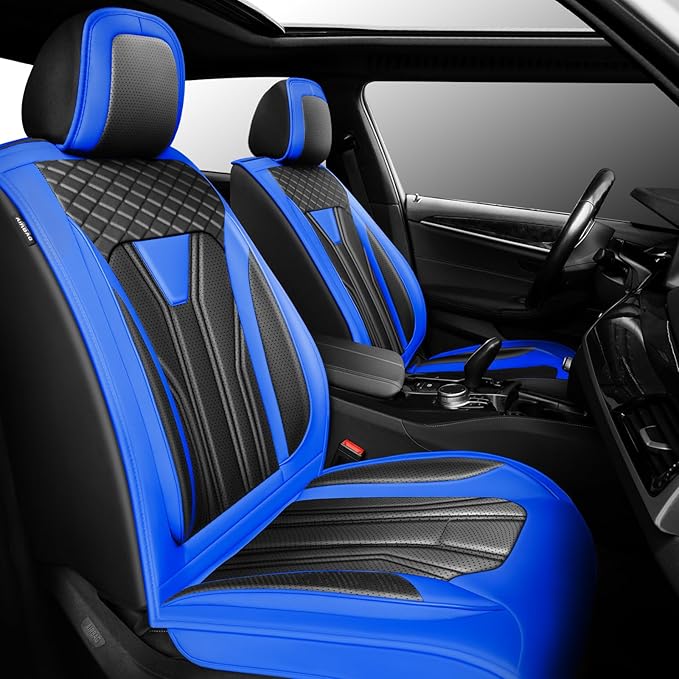 Fit Leaf Car Seat Covers Compatible with Nissan Leaf 2012-2025 2026 - Premium Leather， Waterproof Breathable， All-Weather Seat Cushion Protecto&Airbag Compatible (2 Front Seat Blue&Black)