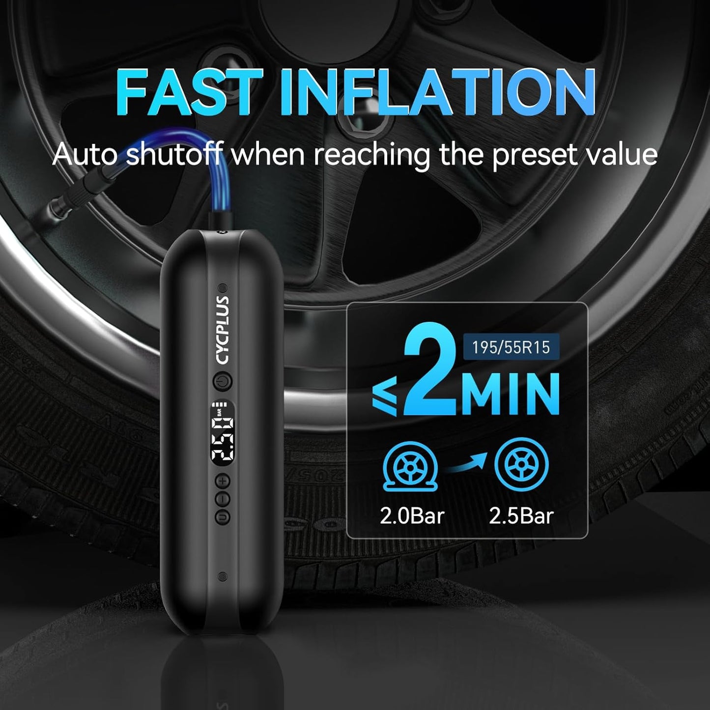 CYCPLUS Electric Air Compressor Portable Bicycle Pump Car Tire Inflator, Max 150 PSI, Auto Shut-Off Air Pump with Presta and Schrader Valves for All Bicycles Motorcycles and Cars