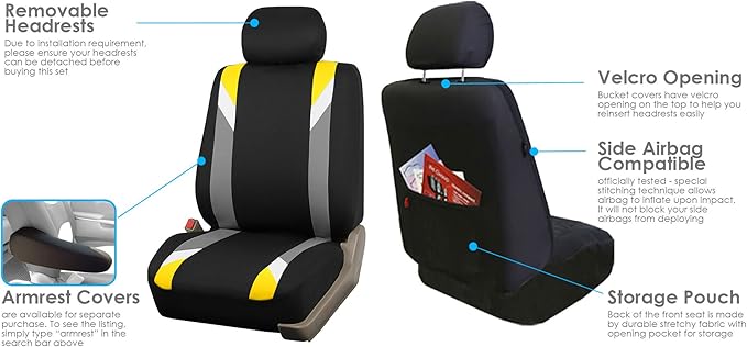 FH Group Car Seat Covers Premium Modernistic Flat Cloth Car Seat Covers Front Seats Only Yellow Black, Airbag Compatible Universal Fit Interior Accessories Cars Trucks SUV Car Accessories Protector