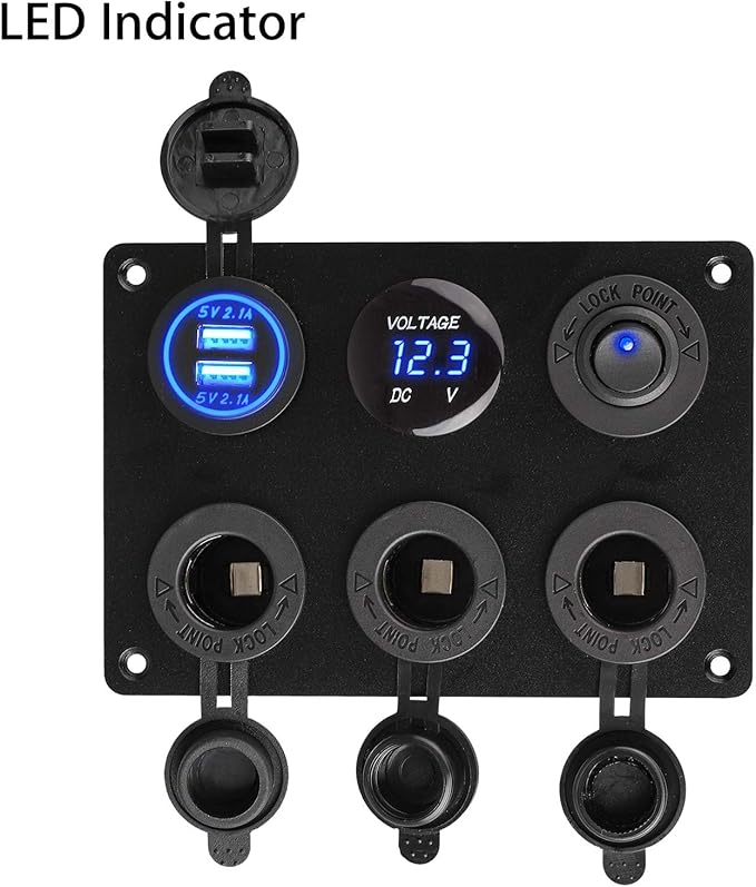 Linkstyle 6 in 1 Charger Socket Panel, 3 Cigarette Lighter Splitter with Dual USB Charger Ports & LED Voltmeter & Rocker Switch for 12V/24V Car RV Boat