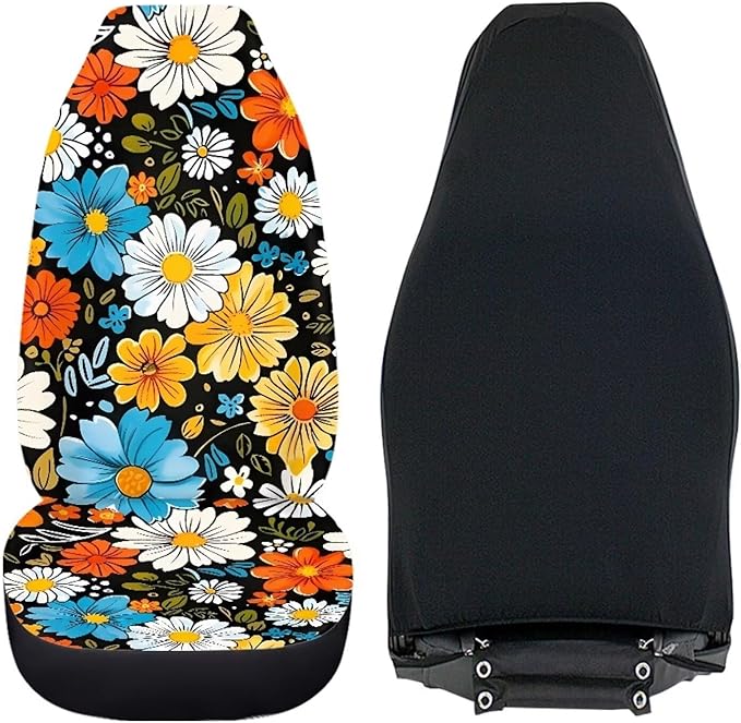 BIGCARJOB Hippie Daisy Car Seat Cover Set for Front Seat Only,2 Pack Blossom Flower Printed Auto Front Seat Protector Saddle Blanket for Women Girly Car Interior Accessories
