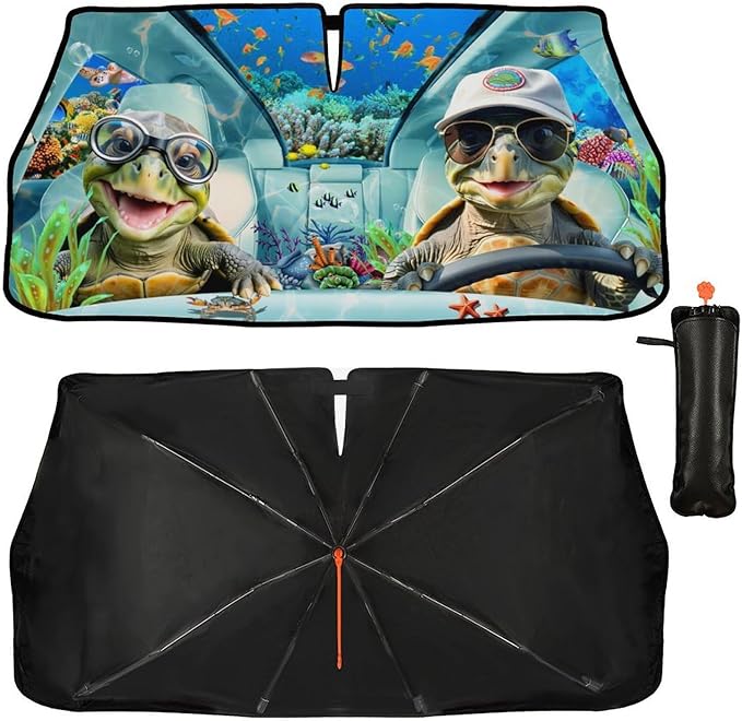 CHILL·TEK Funny Animal Car Windshield Sun Shade Umbrella, Funny Turtles Car Sun Shade Umbrella, Block UV Rays Heat Foldable Windshield Umbrella Sun Visor Protector - Keep Vehicle Cool for Cars SUV