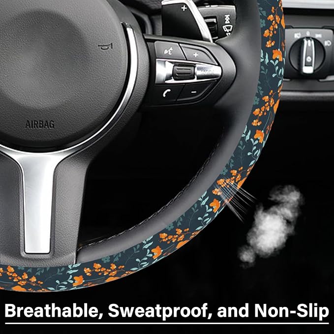 Orange Wildflowers Steering Wheel Cover, Cute Print Steering Wheel Cover Protector, Ultra Thin Breathable Non-Slip, Car Accessories for Women, for Steering Wheel with a Diameter of 14.5"-15"