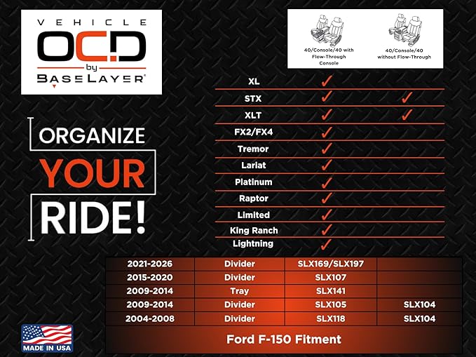 Vehicle OCD - Center Console Organizer for Ford F150 (2004-2014) (Column Shift w/Bucket Seats Only) - Made in USA - SLX104