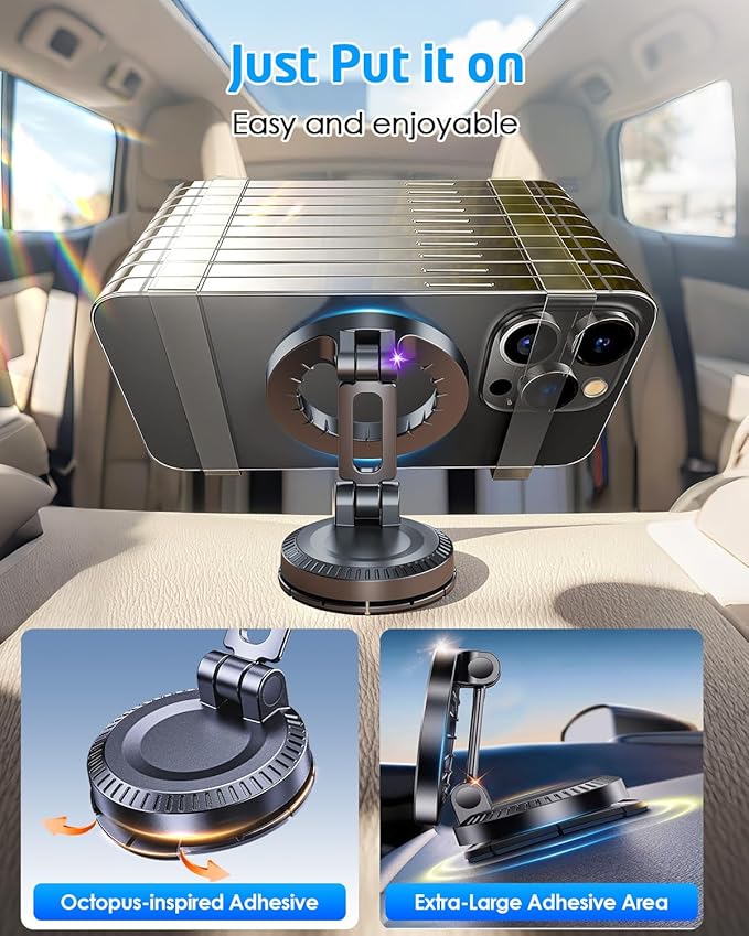 WixGear Stick-On Foldable Magnetic Car Mount Dashboard Phone Holder, Strong Magnet Mount for MagSafe iPhone & All Smartphones, 3M VHB Adhesive Dashboard Mount, 360° Adjustable Compact Design