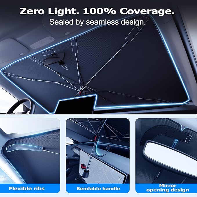 [Upgraded] DooGooCoo Windshield Sun Shade Umbrella - Large, Car Sunshade for Front Windshield [UV Block & Heat Shield], Keep Car Cooler & Protect Interior Sun Shade for car Windshield (61"x35")