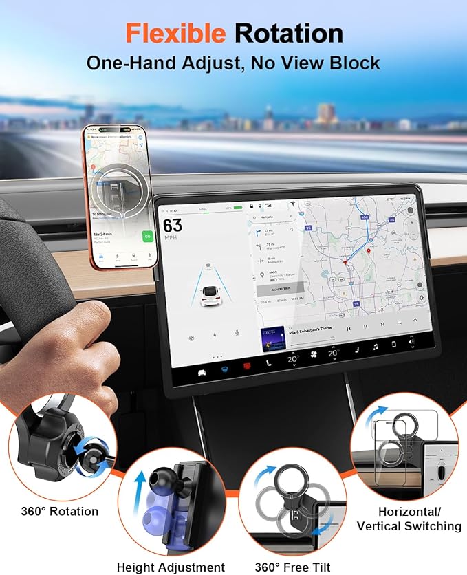 Magnetic Car Mount for Tesla Model Y 2020 2021 2022 2023 2024 2025 & Model 3 2017 2018 2019 2020-2023: 360° Adjustable Car Touch Screen Phone Holder Made for Model 3/Y, for Magsafe iPhone Accessories
