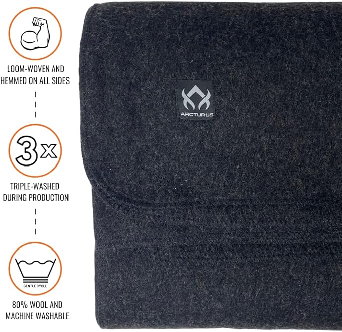 Arcturus Military Wool Blanket - Warm, Thick, Washable - Great for Outdoors, Camping, Stadium Blanket, Picnics, Travel - Car & Bushcraft Survival Kits