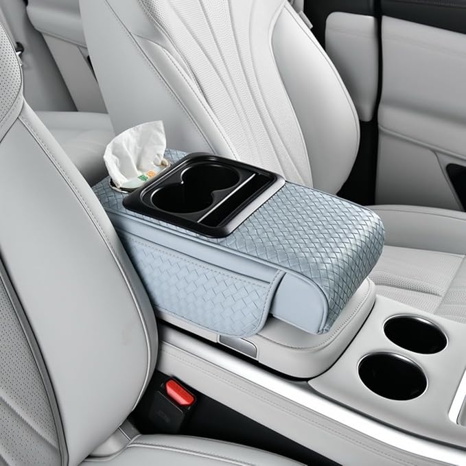 Car Armrest Cushion Cover Car Center Console Memory Foam Booster Pad with Storage Pocket and Tissue Hole for Sedan Vehicle (Cupholder - Blue, 13.39 * 7.68 * 2.95'' / 34 * 19.5 * 7.5cm)