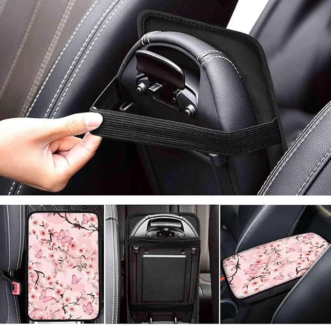 Cherry Blossom Butterfly Soft Armrest Seat Box Cover Car Armrest Cushion Car Decor Protective Car Accessories Fit for Most Cars, Vehicles, SUVs
