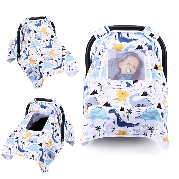 THE KENKYO Car Seat Cover for Babies, Breathable Carseat Cover for Boys Girls, Kick-Proof Infant Car Seat Canopy with Mesh Peep Window and Sun Shade, Windproof Stroller Cover for All Seasons