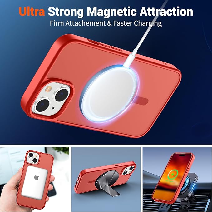SUPFINE Magnetic for iPhone 15 Case (Compatible with MagSafe) (Military Grade Drop Protection) Slim Translucent Matte Shockproof with Anti-Fingerprint Phone Case, Red