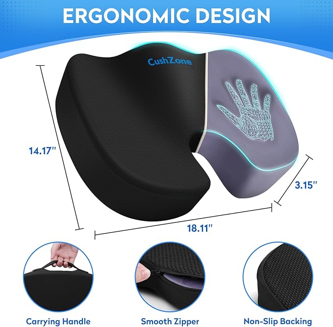 Seat Cushion - Memory Foam Office Chair Cushion for Sciatica, Tailbone & Back Pain Relief - Orthopedic Coccyx Pillow for Car, Airplane, Pregnancy & Long Sitting at Work, Black