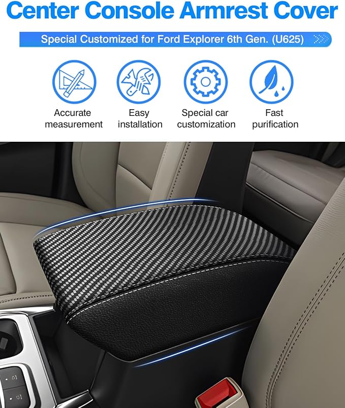 Autorder Center Console Cover for Ford Explorer 2020-2026 Accessories Armrest Cover Carbon Fiber Anti-Scratch Middle Console Pad Leather Armrest Protector