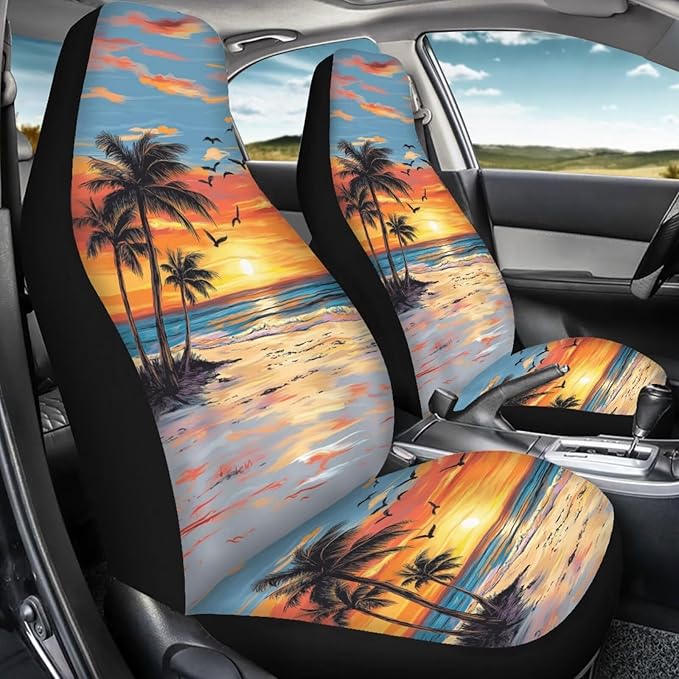 BIGCARJOB Hawaii Dusk Palm Car Seat Covers, Polyester, Universal Fit, Car, SUV, 2 Count, Front, Basic Protection, Customizable, Unique Printed