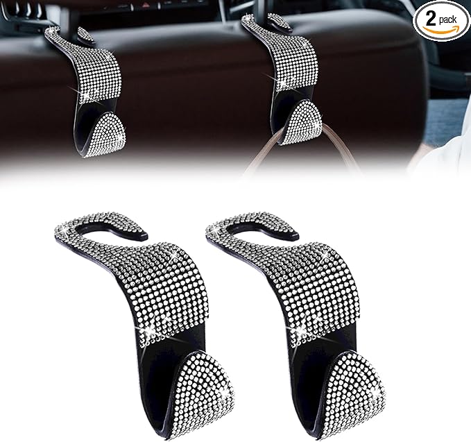 2 Pack Car Seat Headrest Hook, Bling Car Hooks Front Seat, Back Seat Organizer Hanger Storage Hook Car Purse Hook for Bags, Clothes, Coats, Grocery Bags (White)