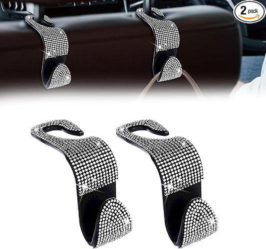 2 Pack Car Seat Headrest Hook, Bling Car Hooks Front Seat, Back Seat Organizer Hanger Storage Hook Car Purse Hook for Bags, Clothes, Coats, Grocery Bags (White)